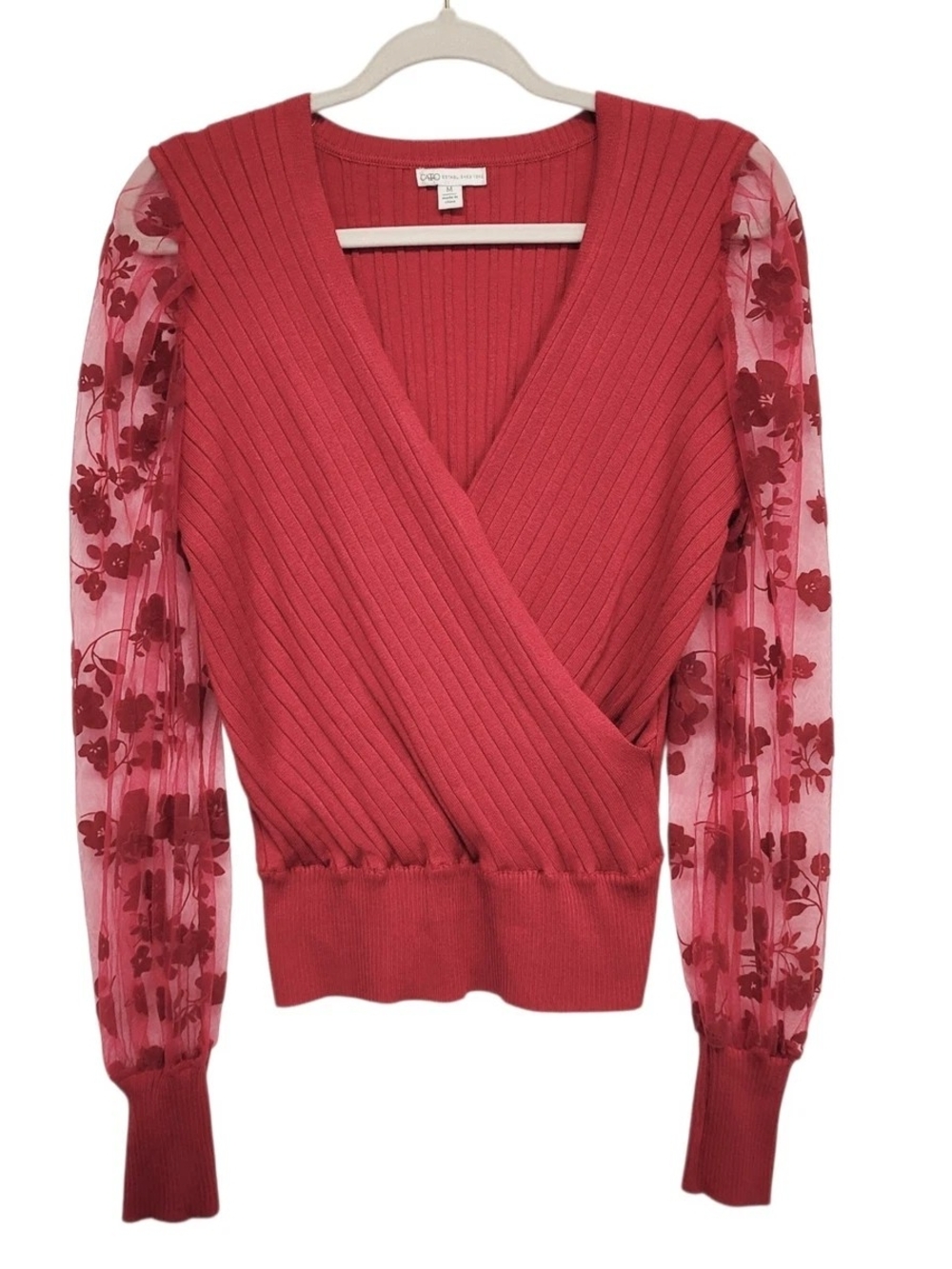 CATO rose-red ribbed wrap sweater top with floral sheer sleeves
